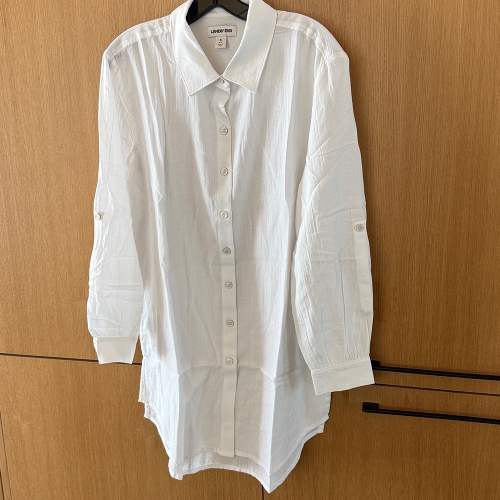 Lands' End White Button Down Longline Shirt Dress / Tunic Oversized Size Small - Picture 5 of 8